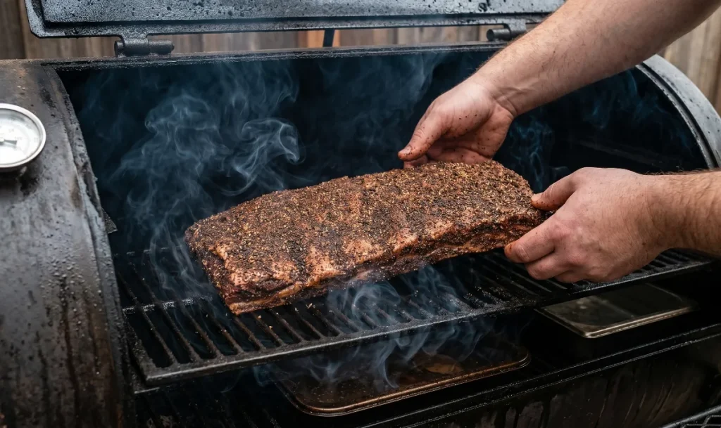 Smoking seasoned beef ribs on a grill grate