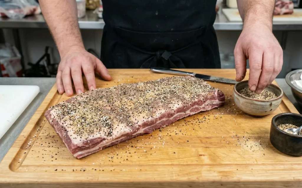 A full rack of beef ribs coated in a dry rub of black pepper, salt, garlic, and onion powder