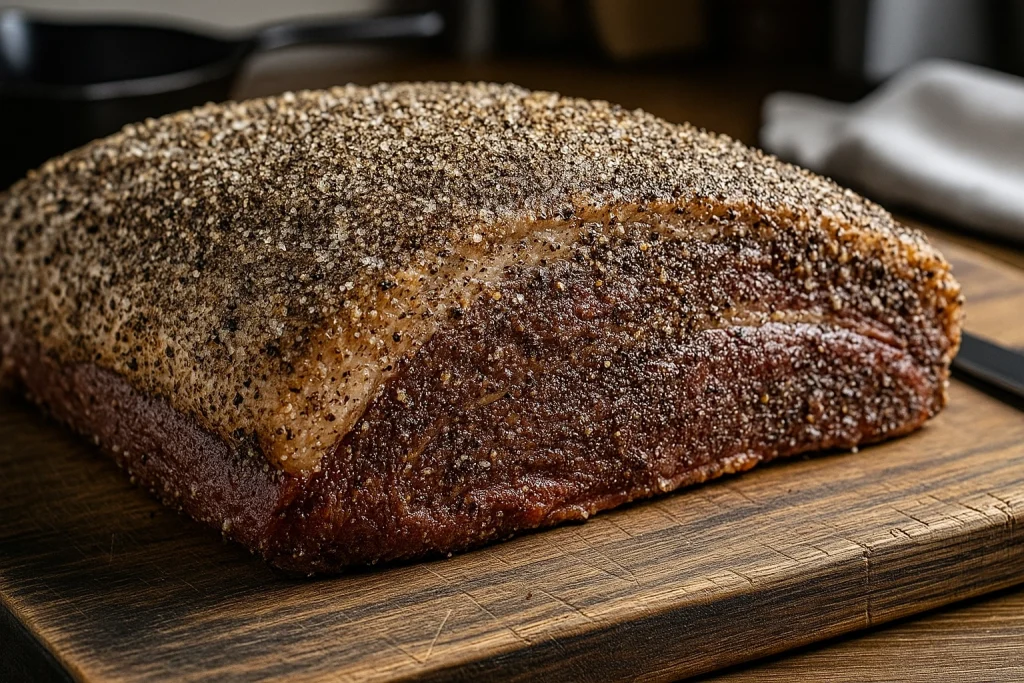 The fully trimmed and seasoned brisket, covered in a thick layer of salt and pepper rub