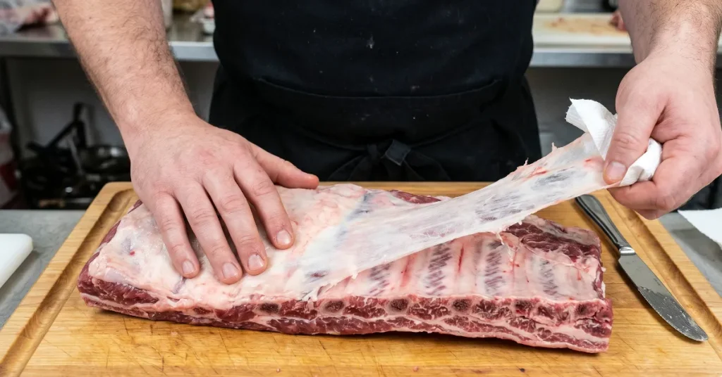 Preparing raw beef ribs for smoking by pulling off the back silver membrane