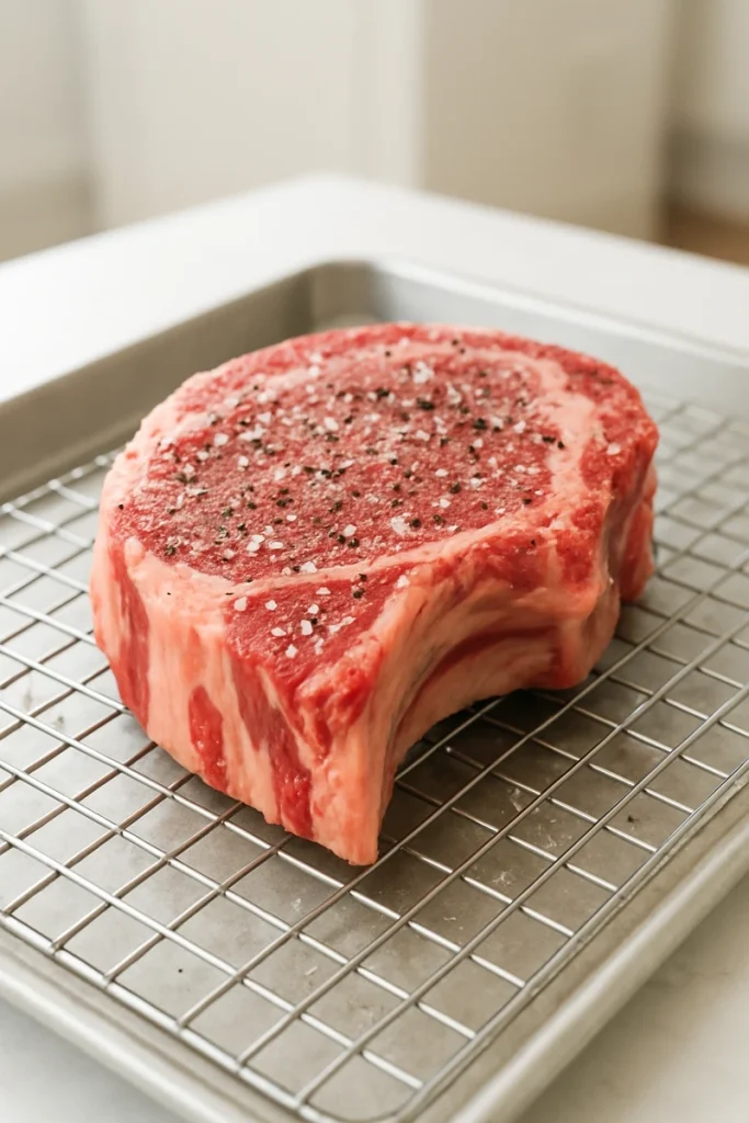 A thick-cut ribeye steak, generously seasoned with salt and pepper