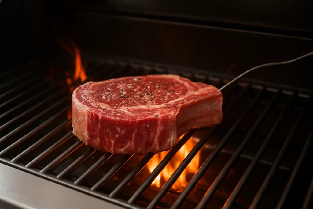 The steak cooking on the grill