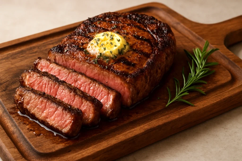 perfectly grilled medium-rare ribeye steak, sliced