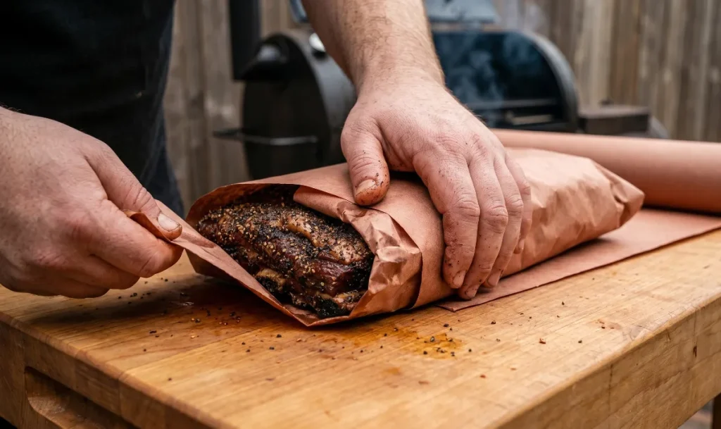 Tightly wrapping a rack of beef ribs in brown butcher paper