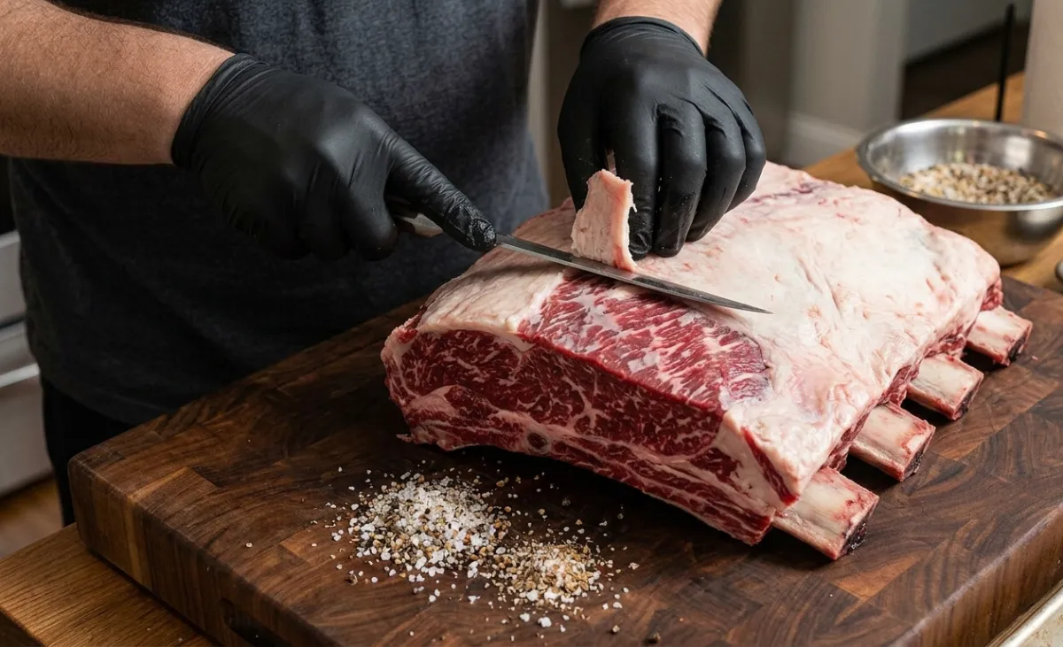 Raw beef ribs being trimmed of top fat.