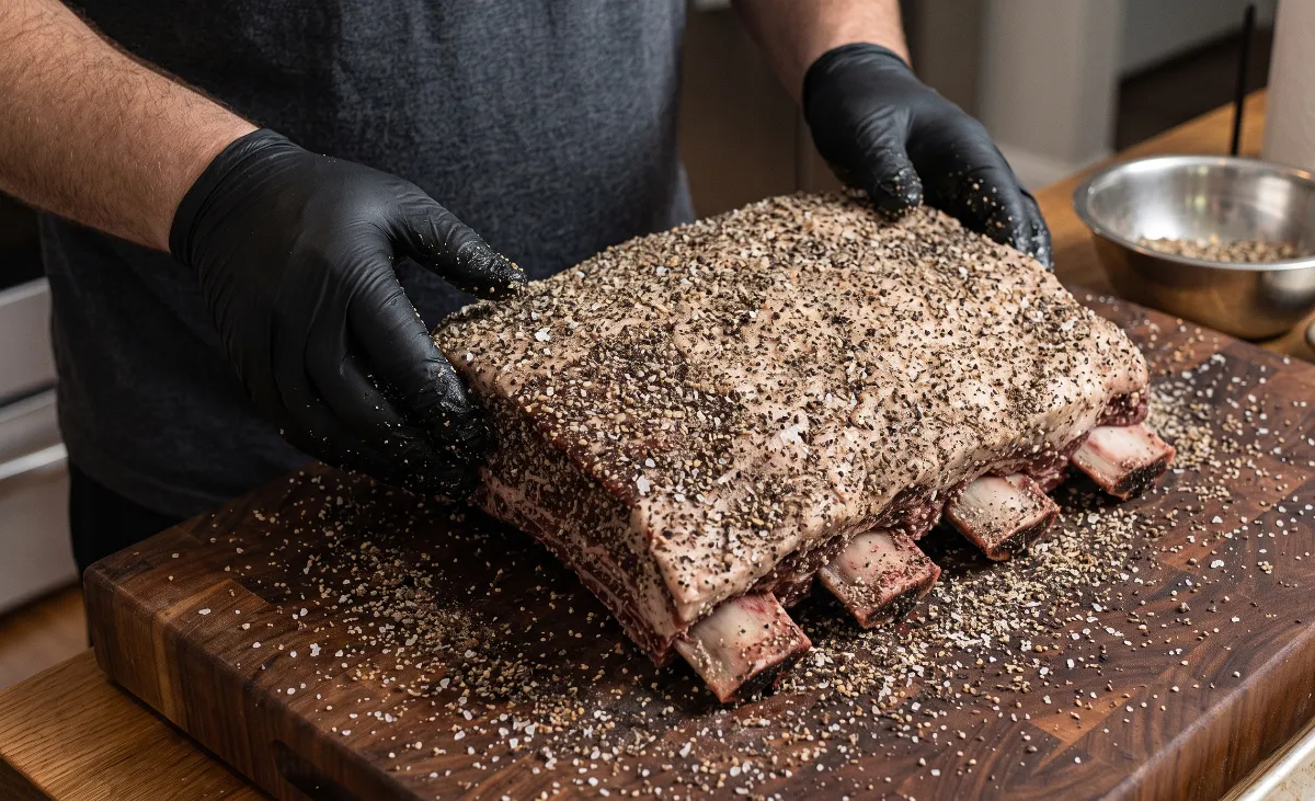Raw beef ribs coated in coarse salt and pepper rub.
