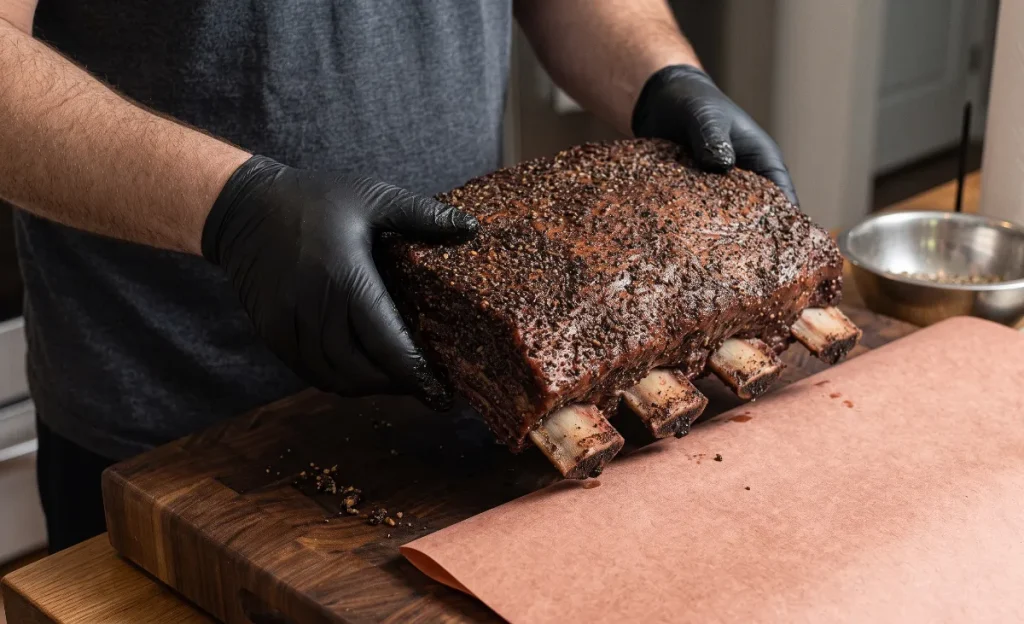 Smoking beef ribs with a dark mahogany bark