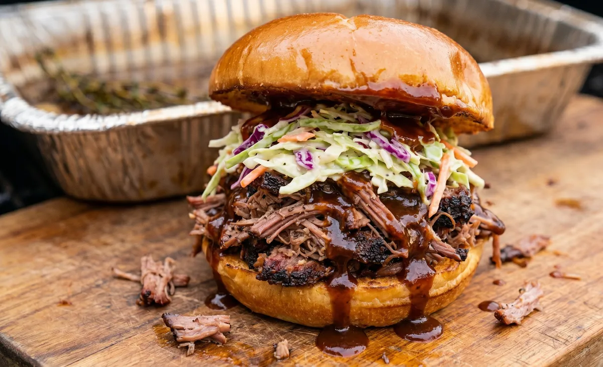 Perfectly constructed pulled beef sandwich on a brioche bun, dripping with sauce and topped with slaw.