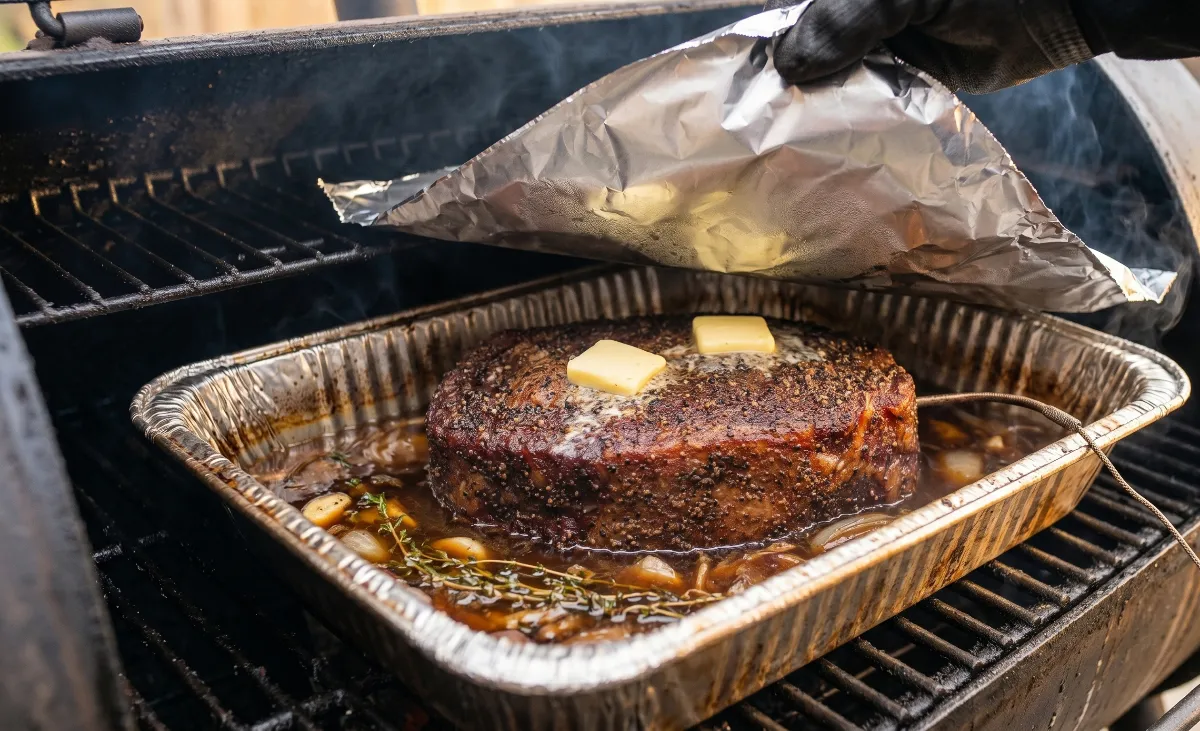The chuck roast sitting in an aluminum pan with braising liquid and butter, right before being covered with foil.
