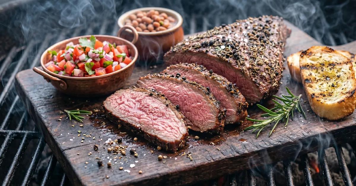 A close-up of the sliced tri-tip