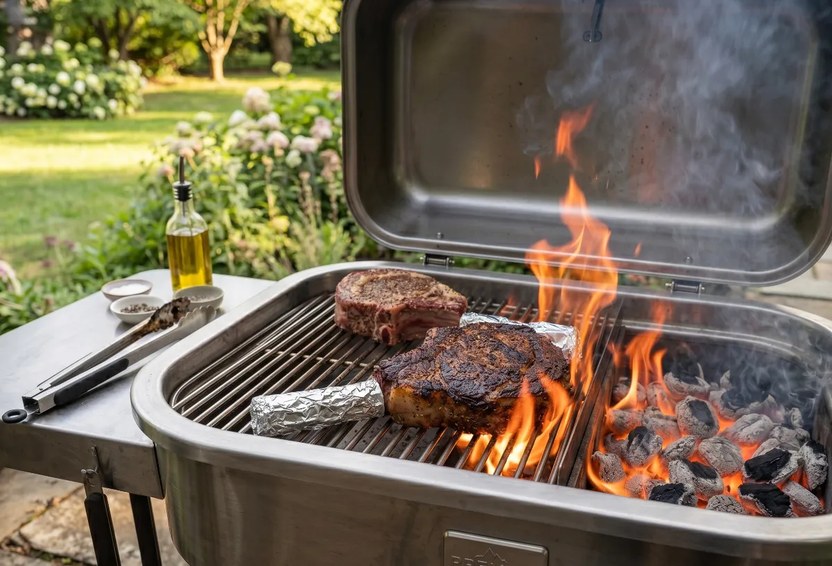 Flames kissing the bottom of the steak as it gets a dark, caramelized crust over the hottest part of the grill.