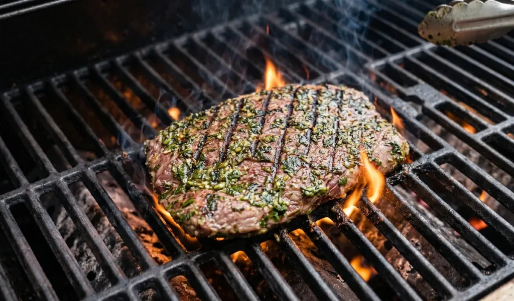  The flank steak on hot grill grates