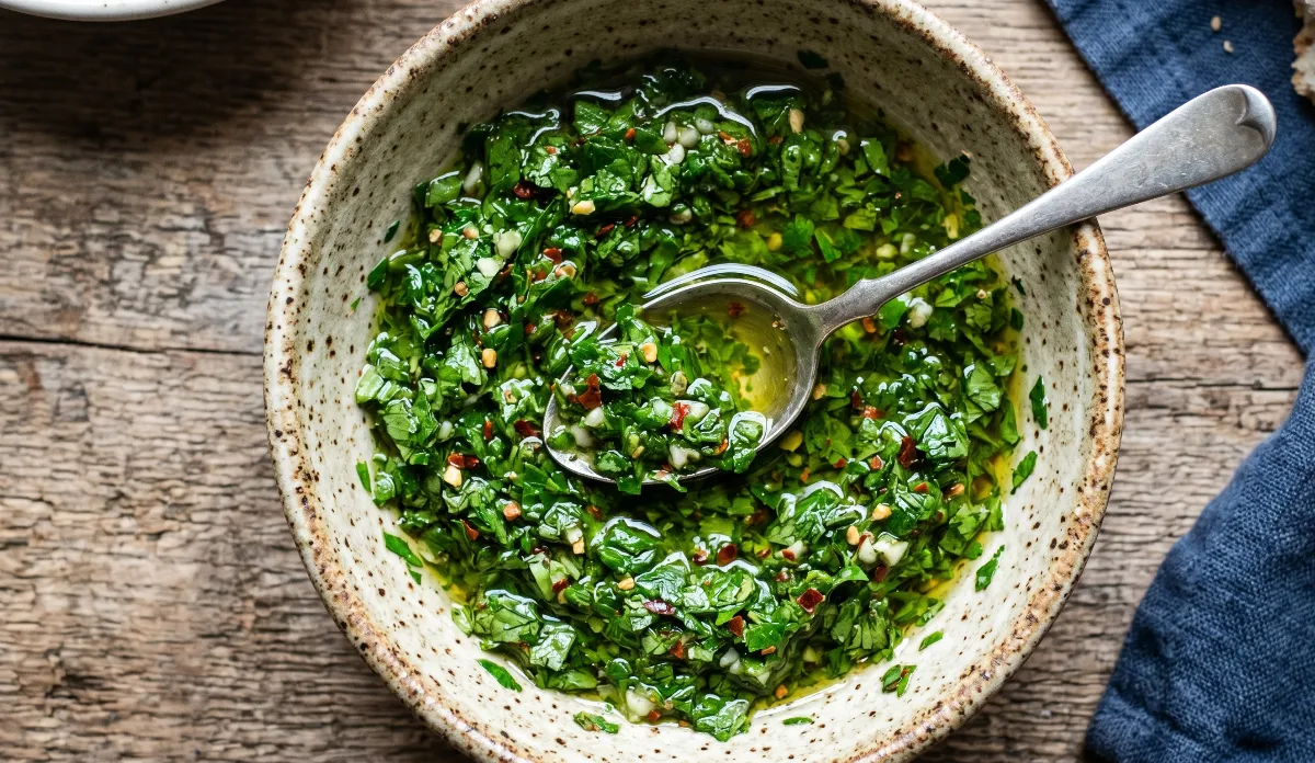 The bright green chimichurri sauce in a rustic bowl, with a spoon