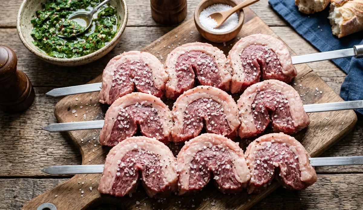 Three metal skewers loaded with C-shaped cuts of picanha