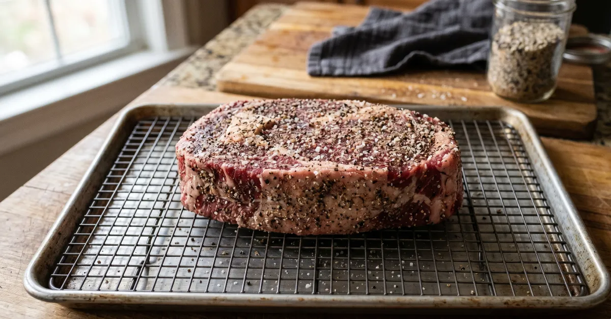 A raw chuck roast evenly coated in a coarse salt and pepper rub, sitting on a wire rack.