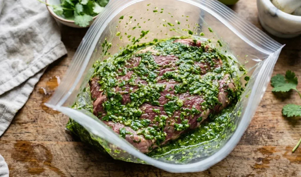 The raw flank steak in a zip-top bag, heavily coated in the green marinade
