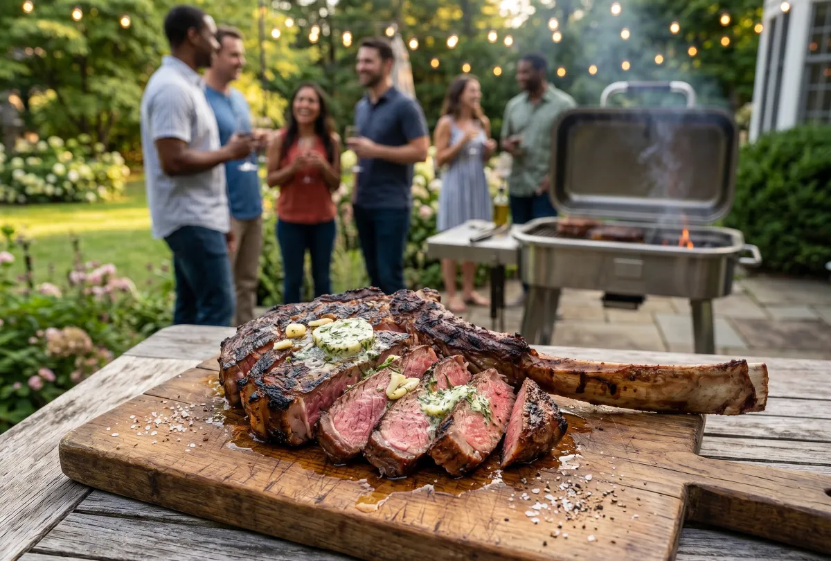 Sliced, medium-rare grilled Tomahawk steak topped with melting garlic herb butter, resting on a rustic wooden carving board at a backyard summer BBQ.