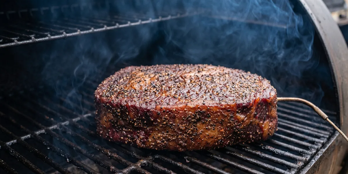 A beautifully smoked chuck roast with a deep, dark mahogany bark on the smoker grates.