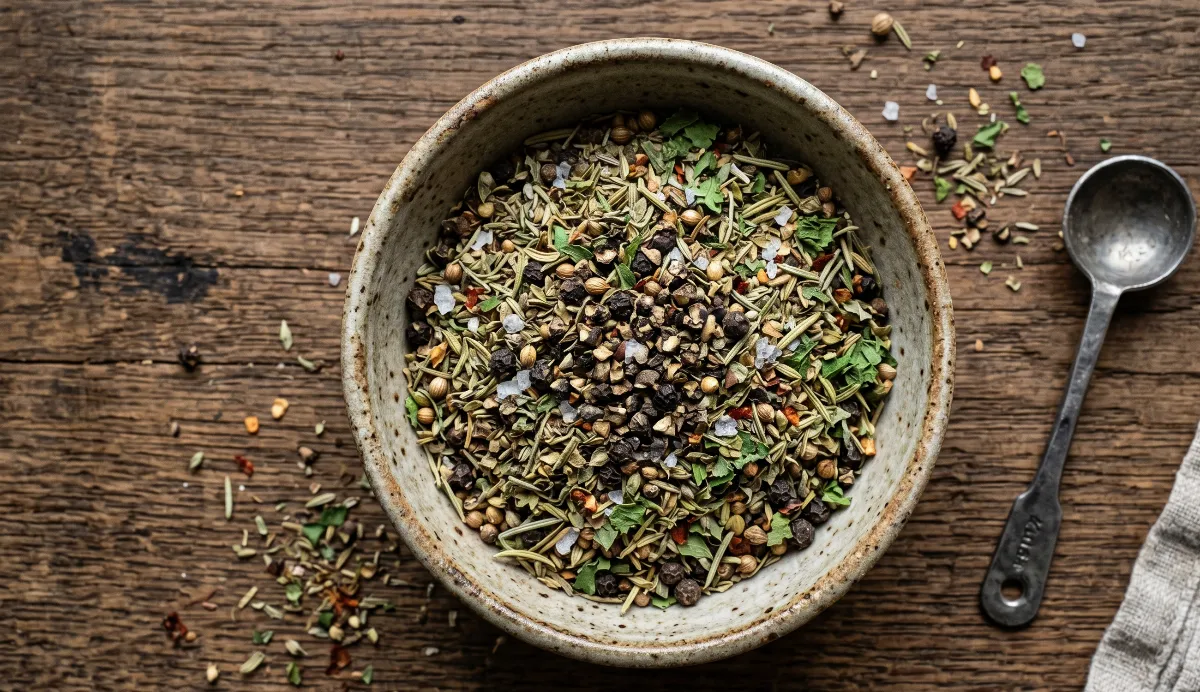 A top-down shot of the mixed spices in a rustic bowl, showcasing the coarse black pepper and green herbs.