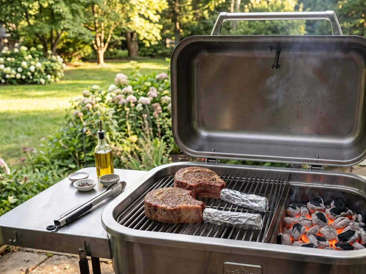 Steaks sitting on the unlit side of the grill with their bones wrapped neatly in foil