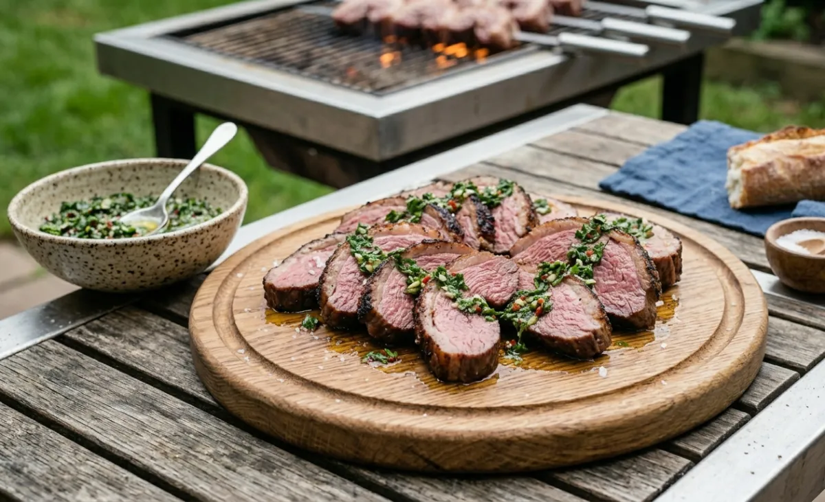 Thinly sliced, perfectly pink picanha fanned out on a wooden board, drizzled with chimichurri sauce