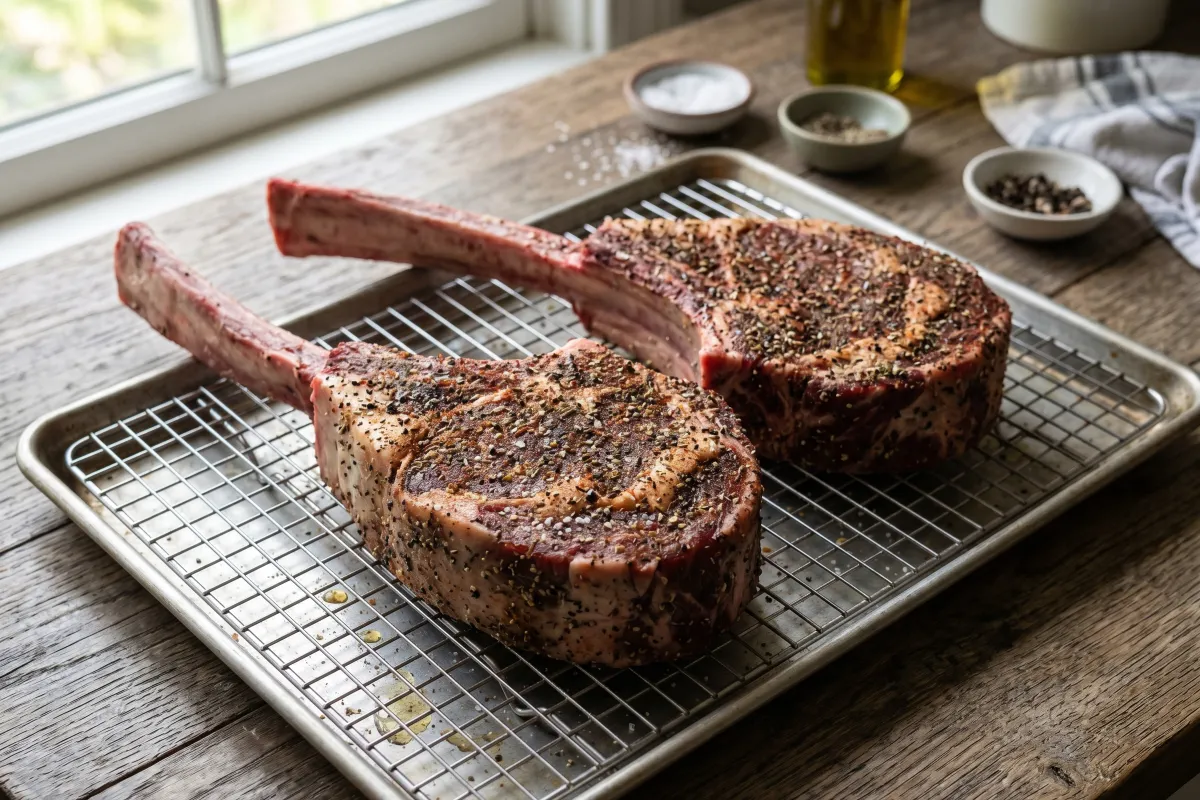 Two massive, heavily seasoned tomahawk steaks resting on a wire rack over a baking sheet