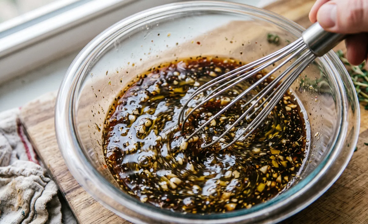A close-up of a wire whisk mixing a rich, dark steak marinade in a glass bowl, showing olive oil emulsifying with soy sauce and minced garlic.