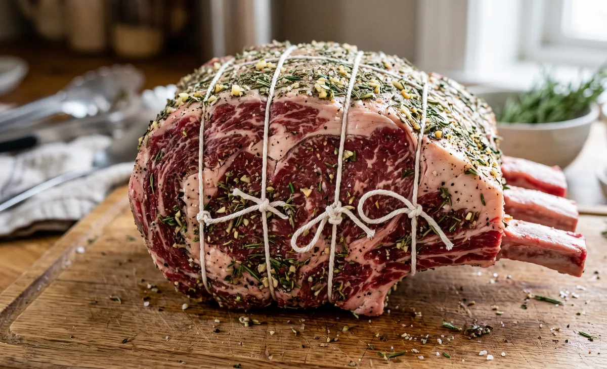 Raw prime rib roast tied with butcher's twine and coated in garlic herb rub.