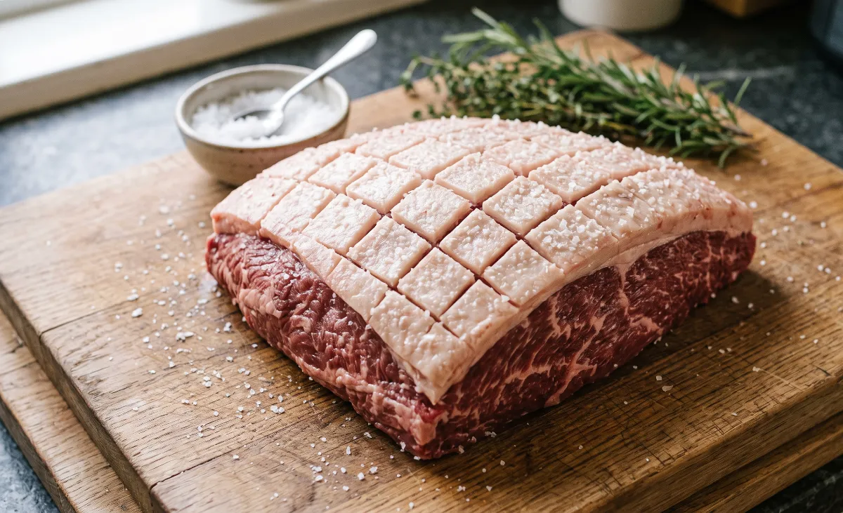 Raw Picanha roast (sirloin cap) with diamond-scored, salted fat on a wooden board.