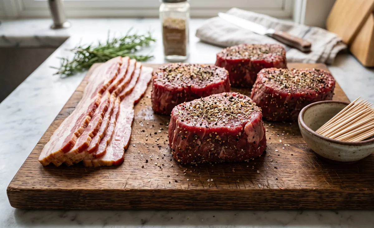 Raw seasoned filet mignon steaks and thick-cut bacon strips on a wooden cutting board.