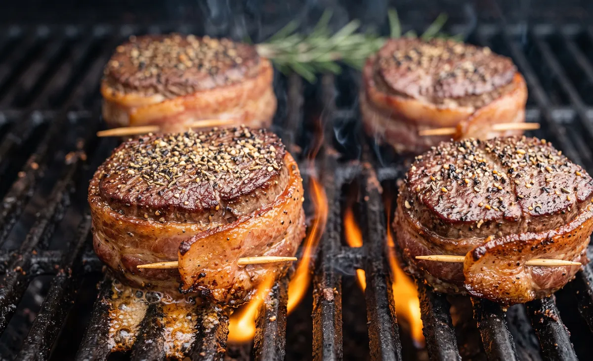 Close-up of bacon-wrapped steaks searing on a hot grill with flames.