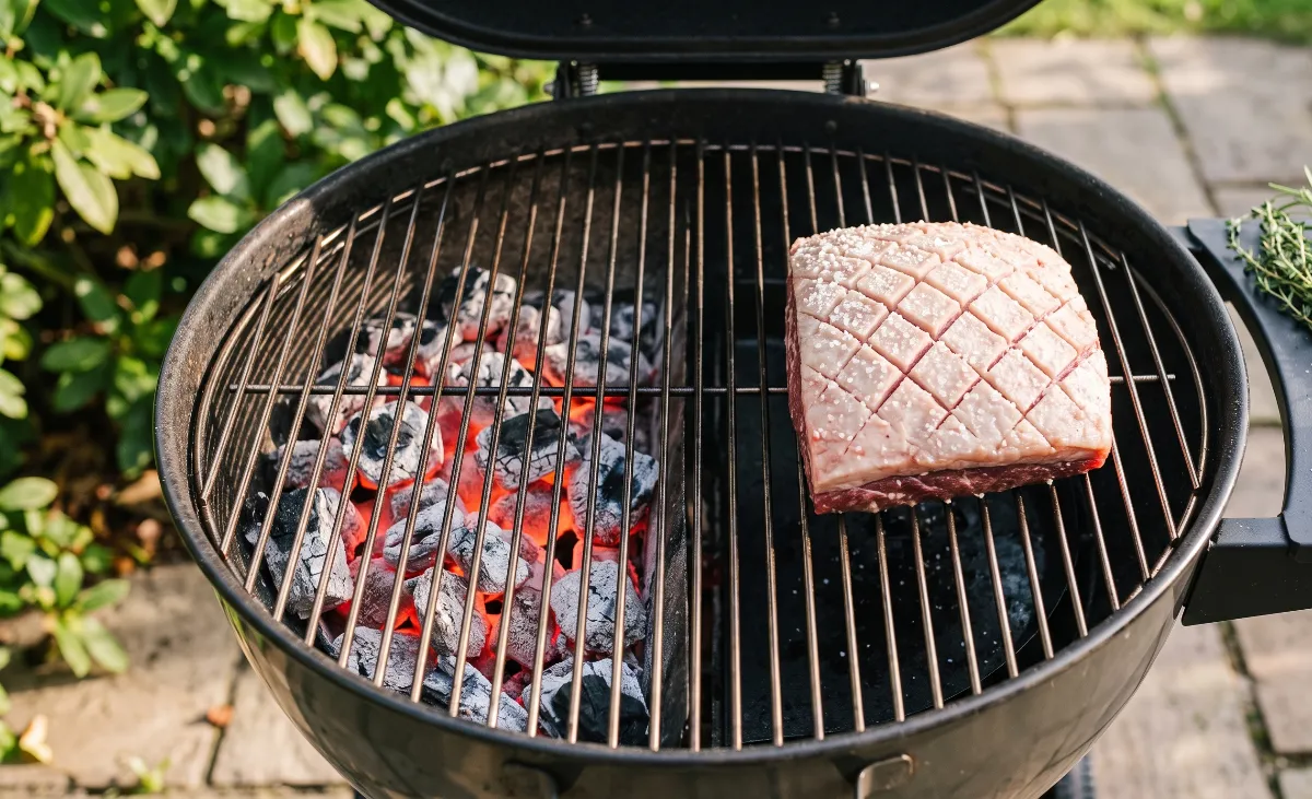 Kettle grill with hot coals on the left, an empty zone on the right for indirect cooking.