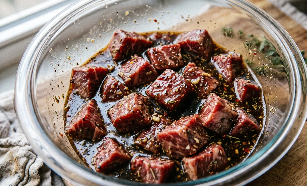 Raw, cubed top sirloin steak glistening as it sits in a dark, savory marinade inside a glass mixing bowl.