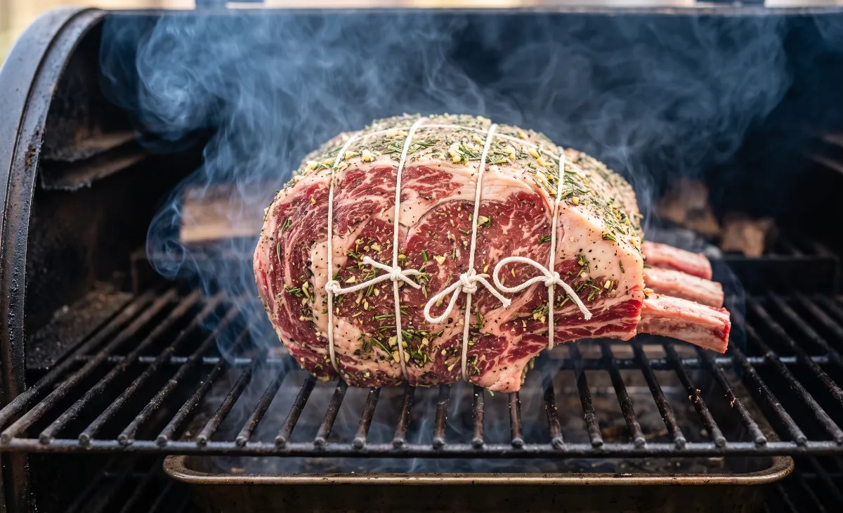 Seasoned prime rib roast cooking on a pellet smoker grill with wood smoke.