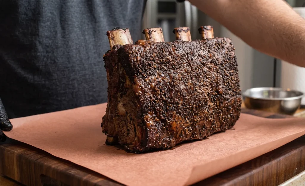 Smoking beef ribs with a dark mahogany bark on the paper