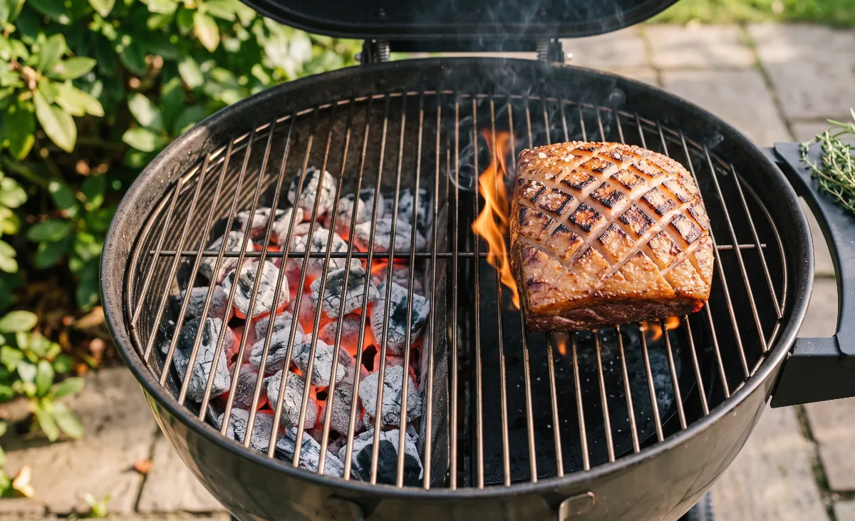 A whole Picanha roast cooking direct-heat with a deeply charred, rendered fat cap over flames.