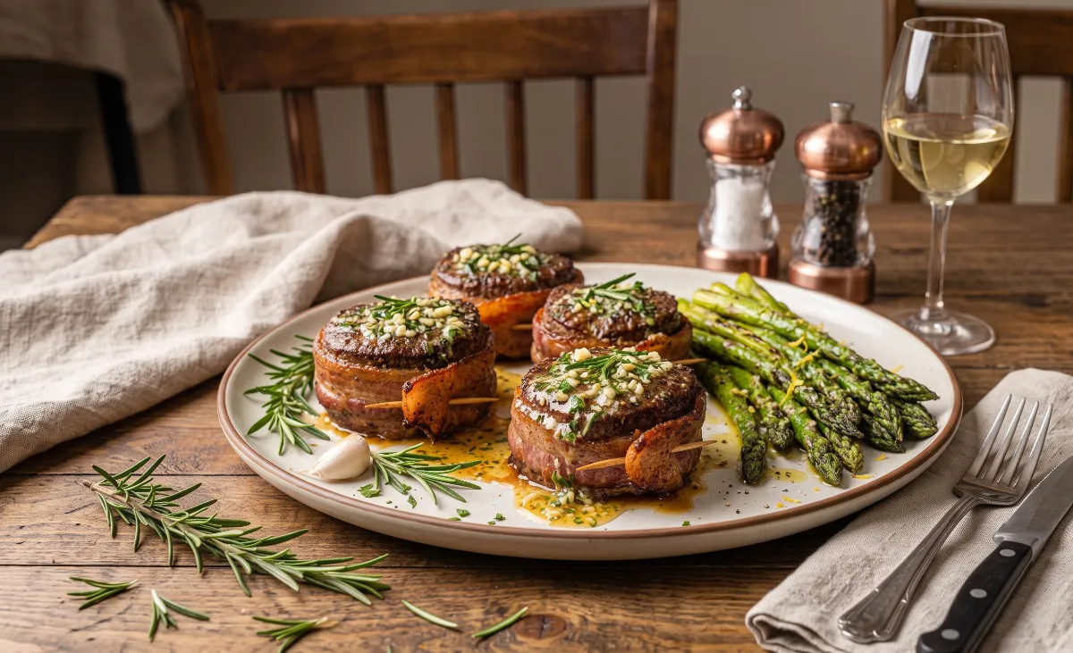 Plated bacon-wrapped steaks topped with melted garlic herb butter, served alongside roasted asparagus.