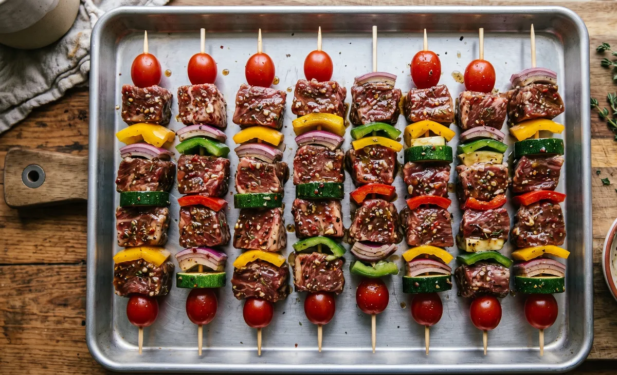 An overhead view of colorful, raw steak and vegetable skewers resting evenly on a metal baking sheet, ready for the grill.