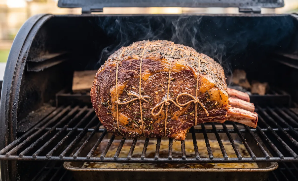 Close-up of smoked prime rib with a dark, crispy seared crust.