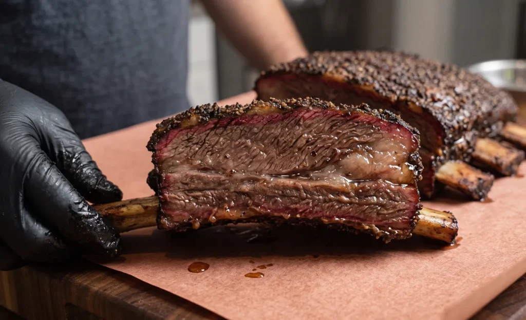 Sliced smoked beef rib with a pink smoke ring and crust.