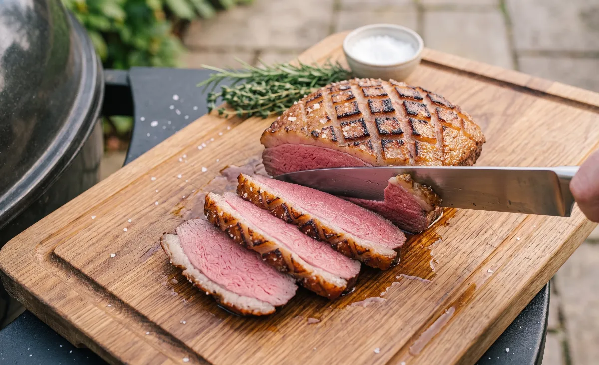 A finished, rested Picanha roast sliced to reveal a medium-rare pink center and crispy fat.