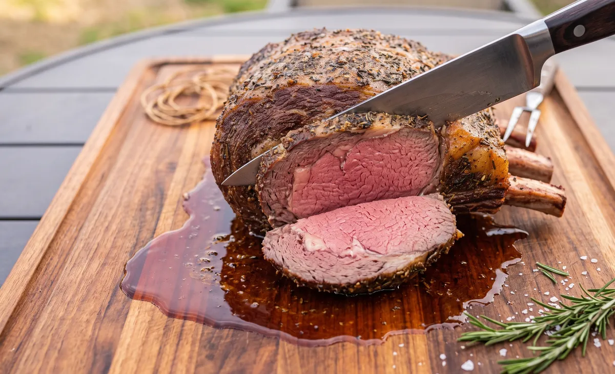 Slicing into a juicy, medium-rare smoked prime rib on a wooden cutting board.