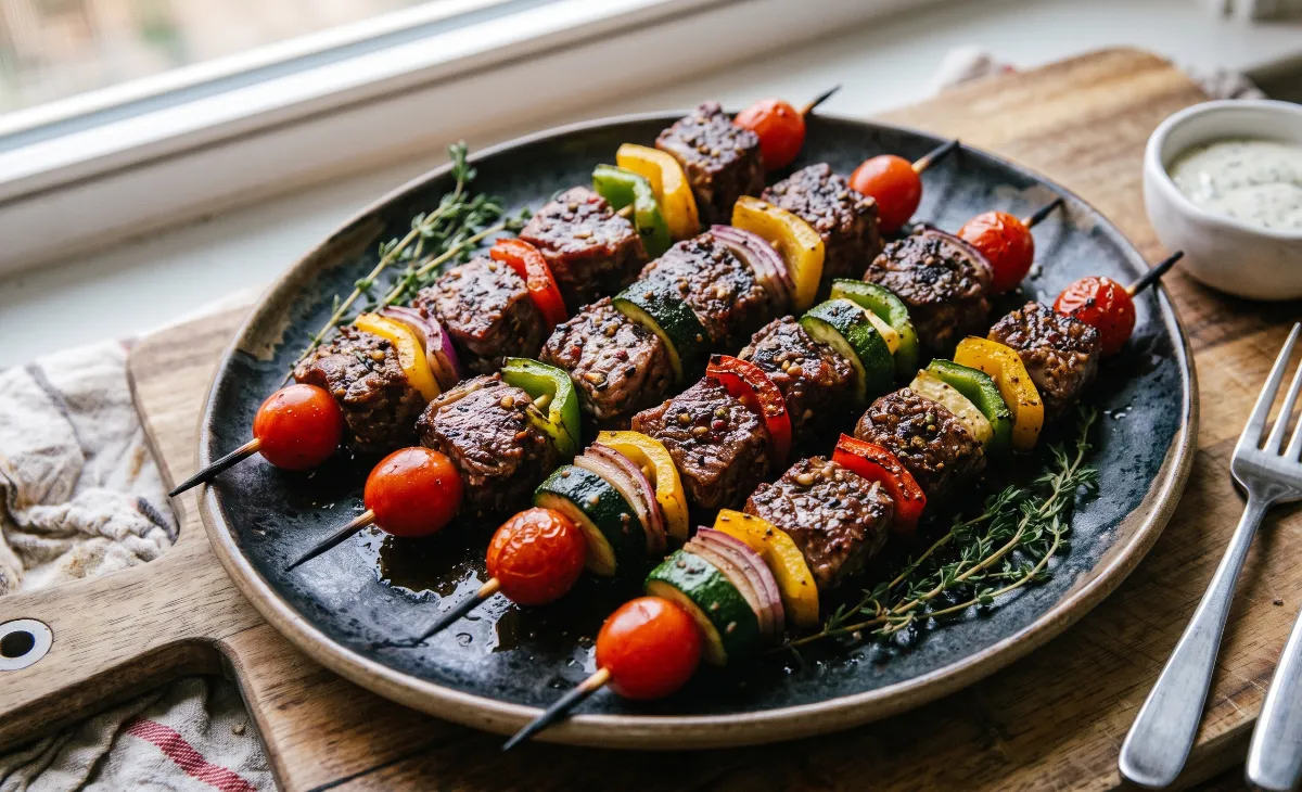 Beautifully finished grilled steak and vegetable kabobs resting on a dark rustic plate, ready to be served.