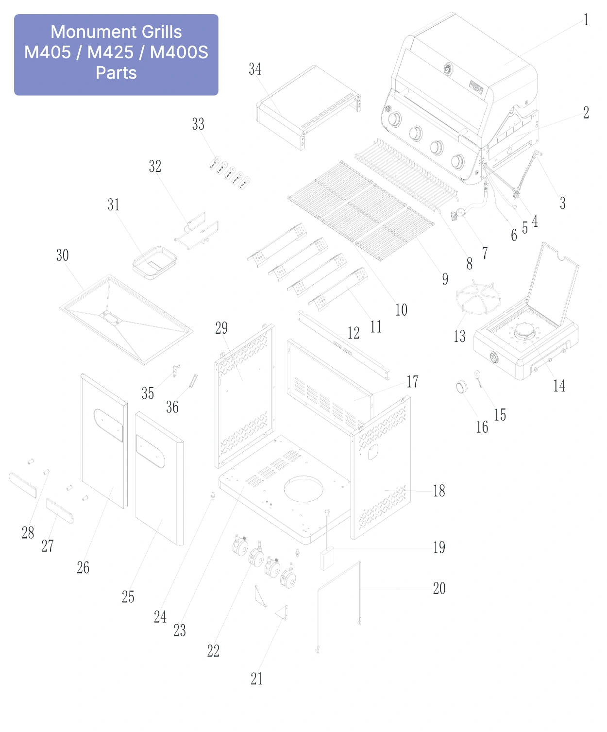 Monument Grills M405, M425, M400S parts diagram
