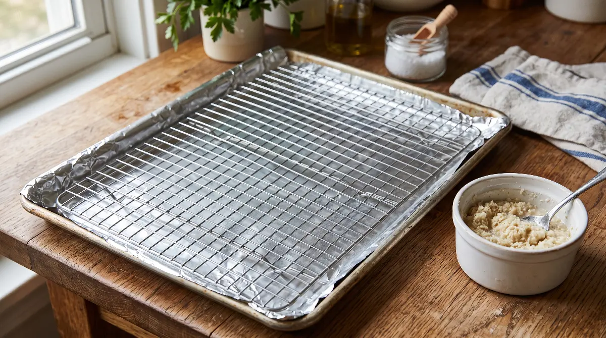 A wire rack on a foil-lined baking sheet next to a bowl of milk-soaked panko breadcrumbs.