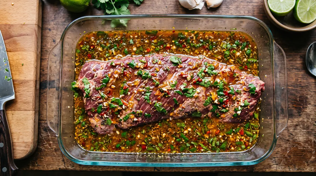 Raw skirt steak soaking in a vibrant citrus and spice marinade inside a glass dish.