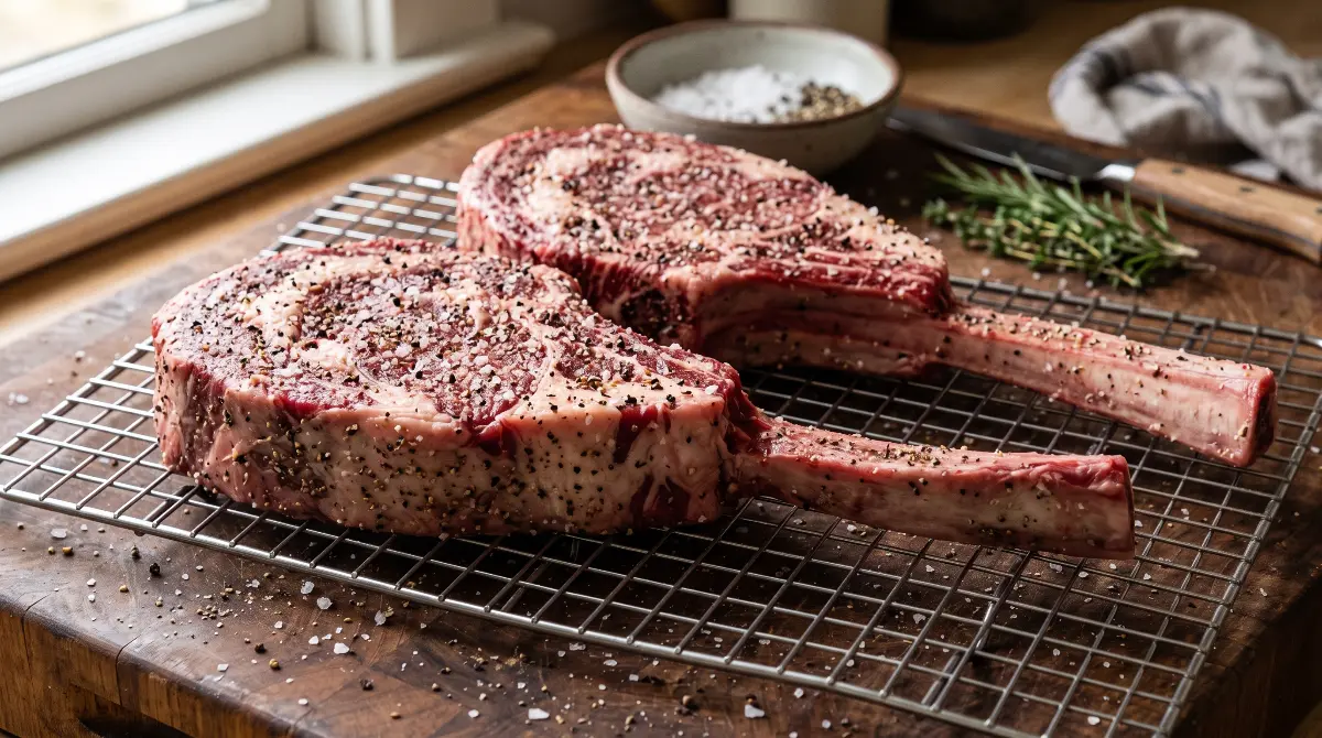 Two raw, heavily seasoned cowboy steaks resting on a wire cooling rack.