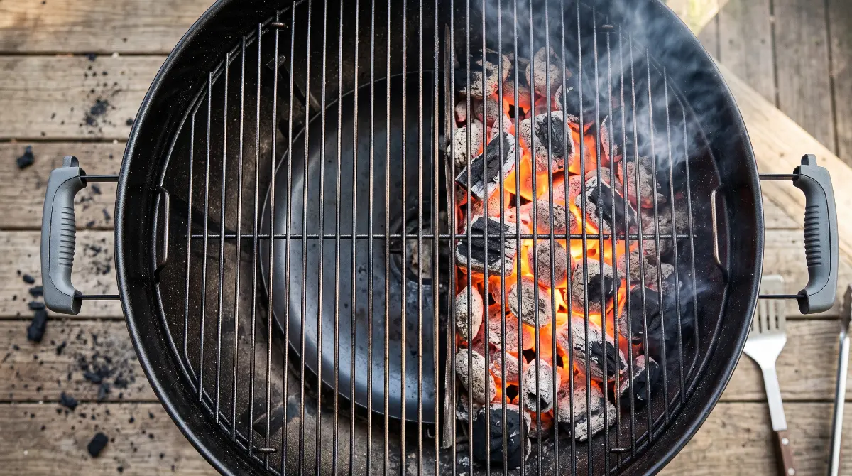 Top-down view of a charcoal grill with hot coals banked to the right side.