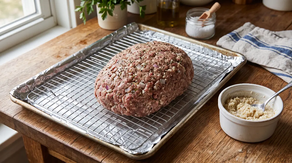 A raw, seasoned free-form meatloaf resting on a wire baking rack.