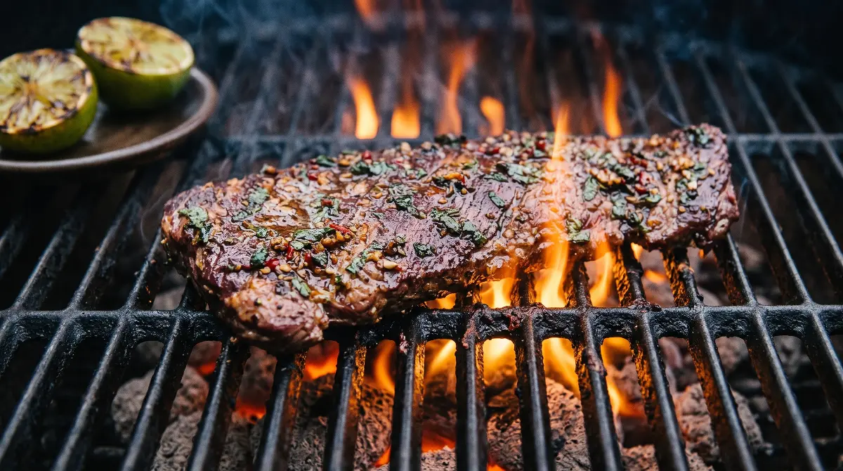 Close-up of a skirt steak with a dark brown crust sizzling over open grill flames.